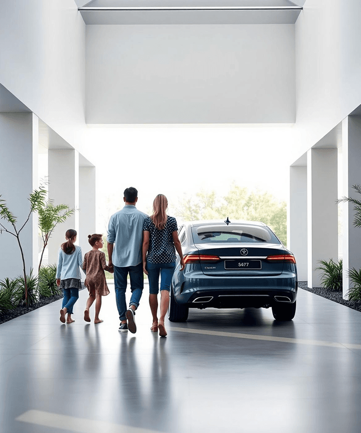 Family walking to their new car
